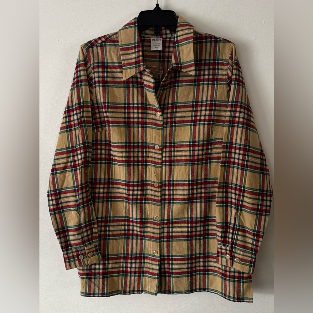 Blair Tan Blue Red Green Plaid Cotton Casual Button Down Fall Shirt New medium